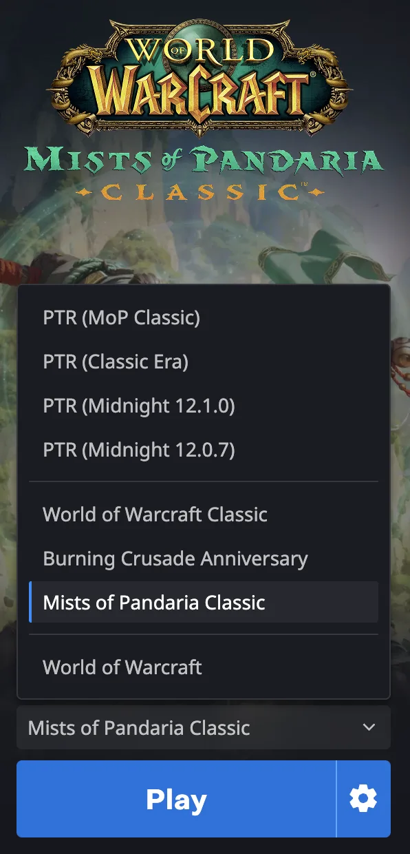 Лаунчер Battle.net з відкритим списком версій і вибраною Mists of Pandaria Classic